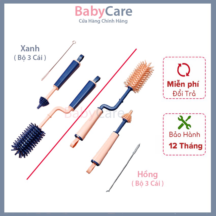 Bộ Cọ Rửa Bình Sữa Silicone BabyCare Cao Cấp Tay Cầm Xoay 360 độ - Bộ 3in1 - Tặng Kèm 1 Cọ Ống Hút Nước - BabyCare