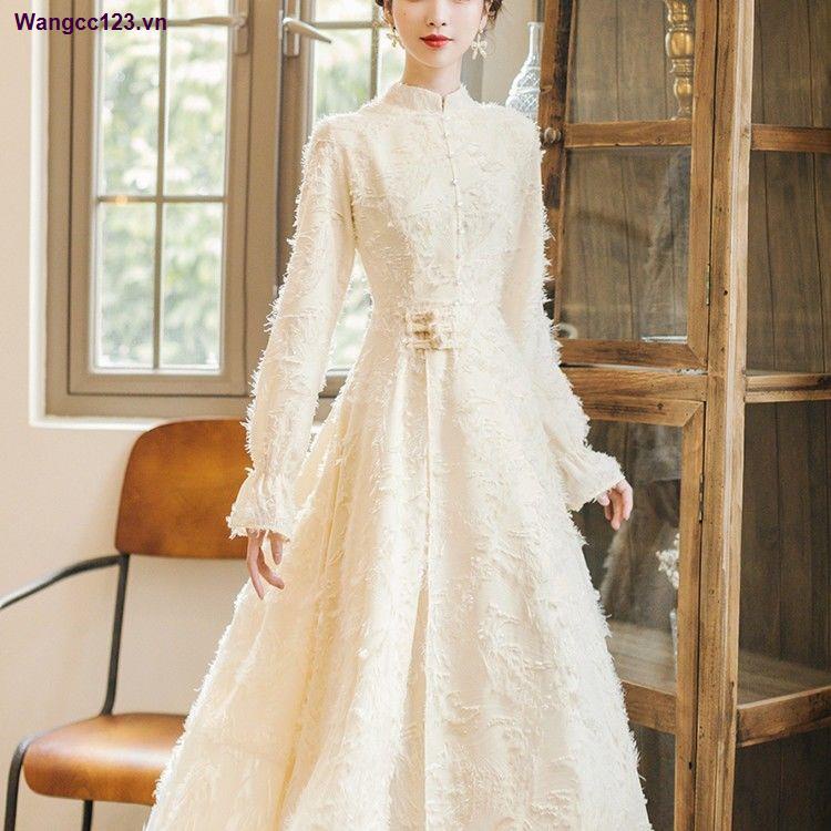 Đầm sườn xám cách tân tay dài lót nhung dày dặn thời trang thu đông cho nữ