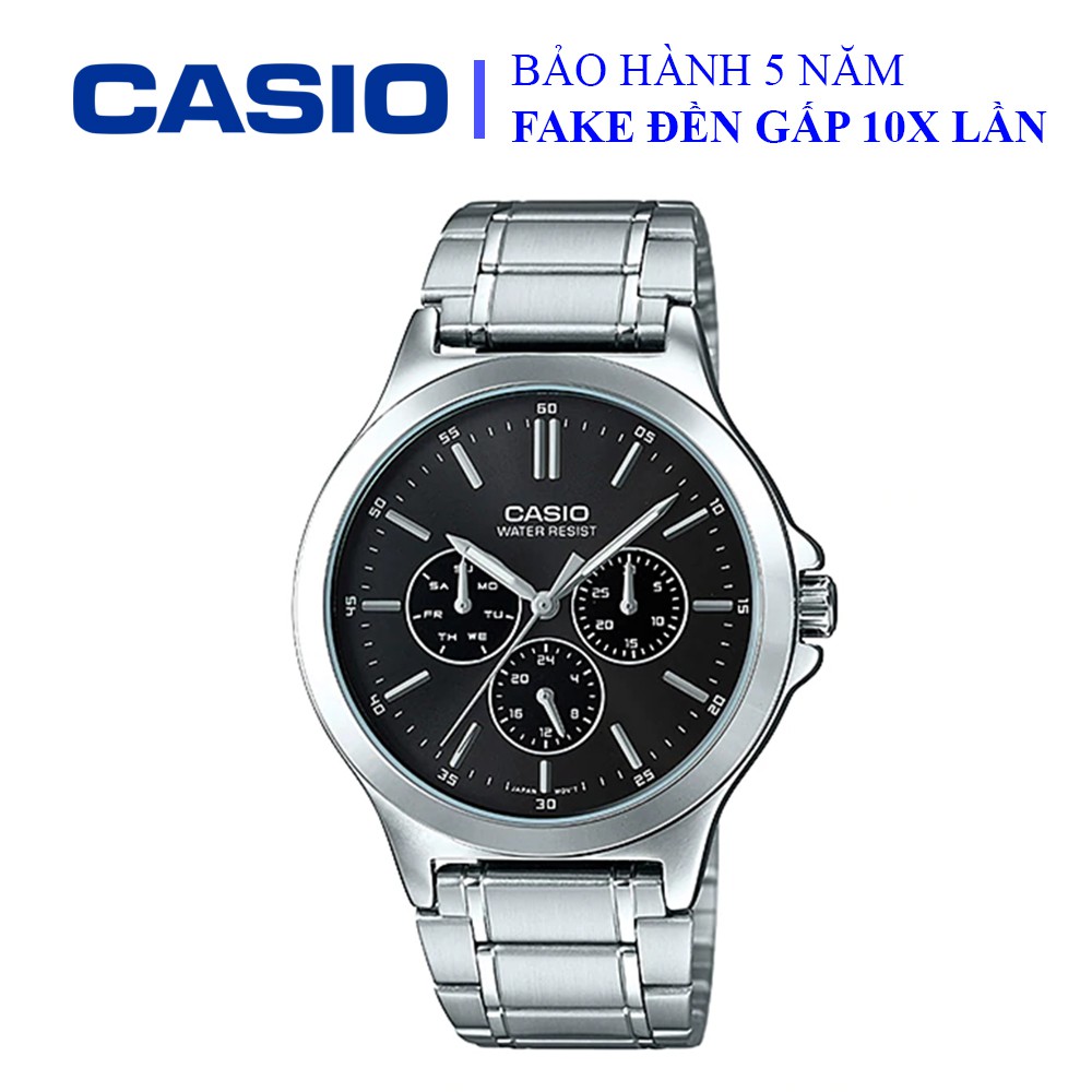 Đồng hồ Casio nam dây sắt thể thao, mặt đen viền bạc sang trọng, chống nước WR30M đi bơi (MTP-V300D-1AUDF)