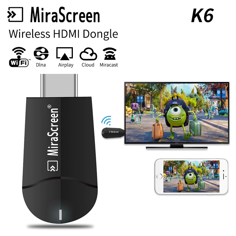 [Mã 159ELSALE hoàn 7% đơn 300K] Thiết Bị HDMI Không Dây Kết Nối Điện Thoại Với TIVI FULL HD 4K 2.4 Ghz MiraScreen K6