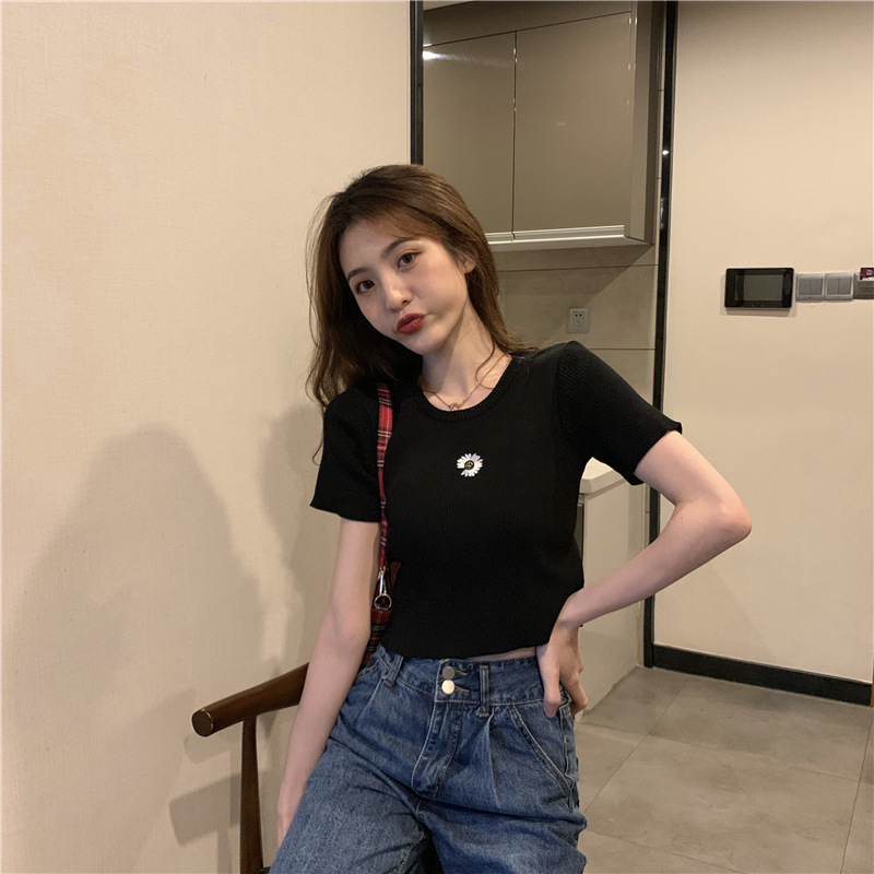 Women's Fashion Slim Floral Embroidery Round Neck Crop Top Short Sleeve Korean Casual T-shirt