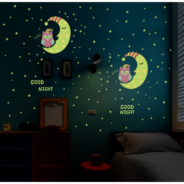 Decal trang trí Trăng và Cú Mèo ngủ đêm - Dạ Quang