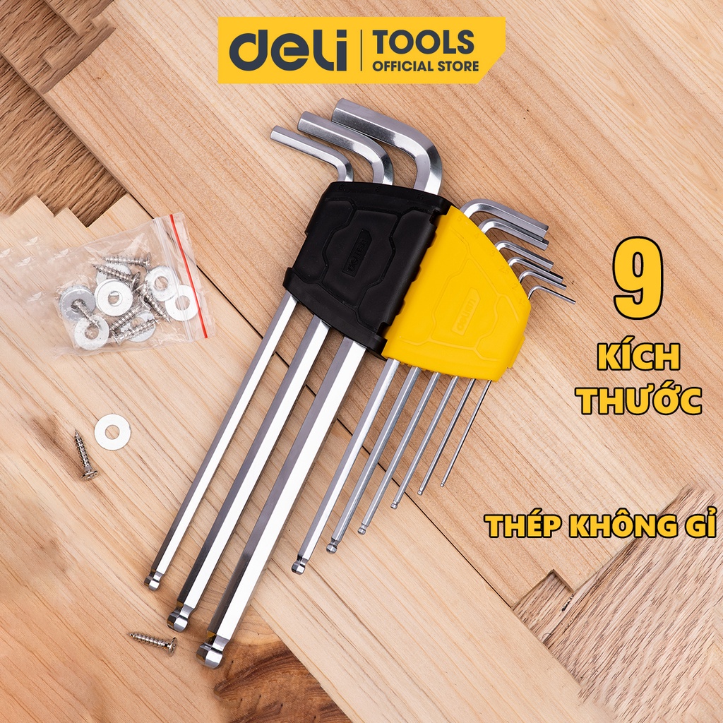 Bộ Lục Giác Chữ L Đầu Bi 9 Chiếc Deli Cao Cấp Chính Hãng - Kích Thước 1,5 - 10mm - Nhỏ Gọn, Tiện Dụng - EDL3090