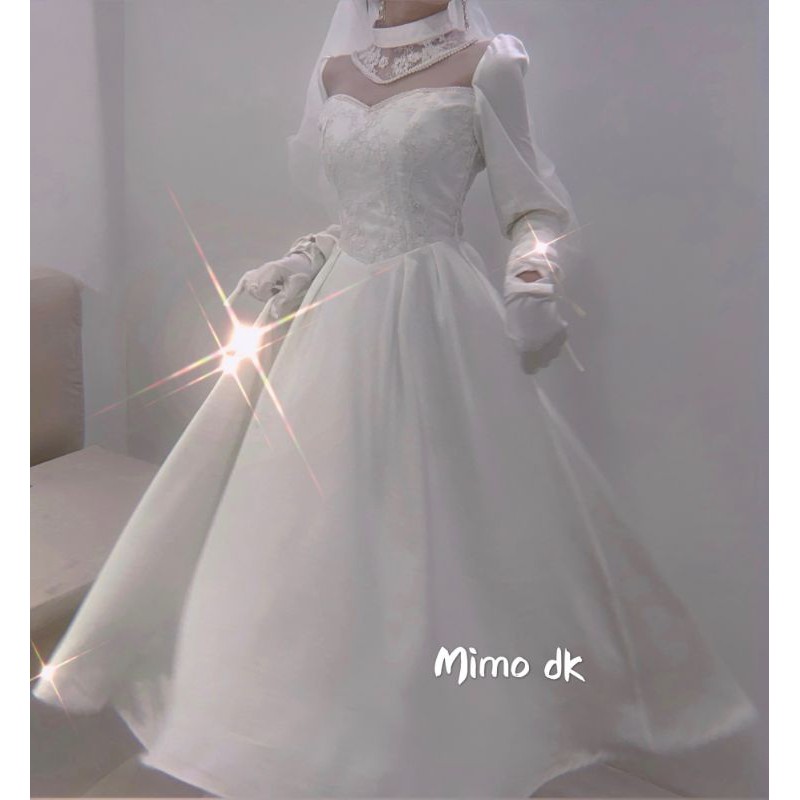 Váy cô dâu phối cổ thêu ren lưới hơi hướng phương Tây
