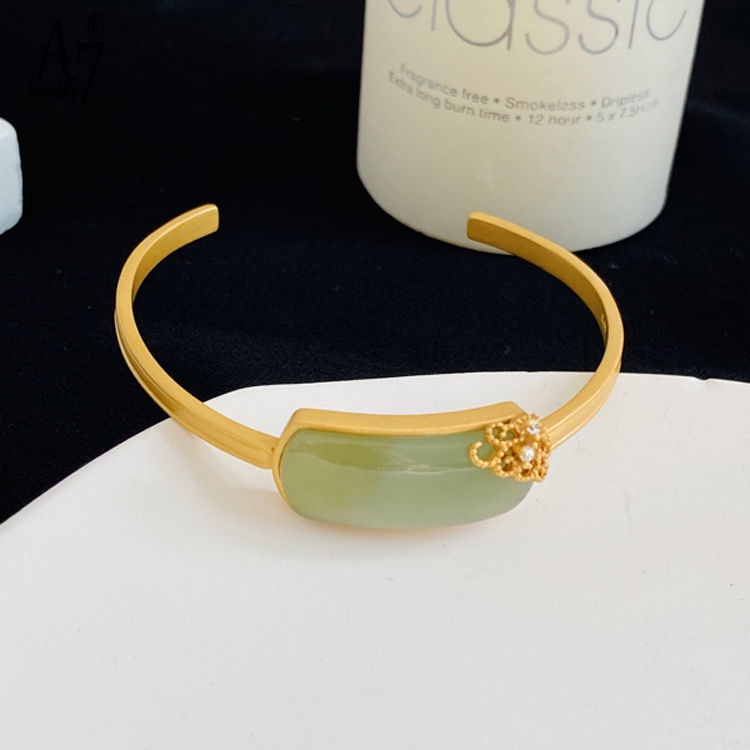 Vòng Tay Bạc 925 A7 S925 Dạng Hở Đính Đá Sapphire Hình Chữ Nhật Phong Cách Retro Cho Nữ