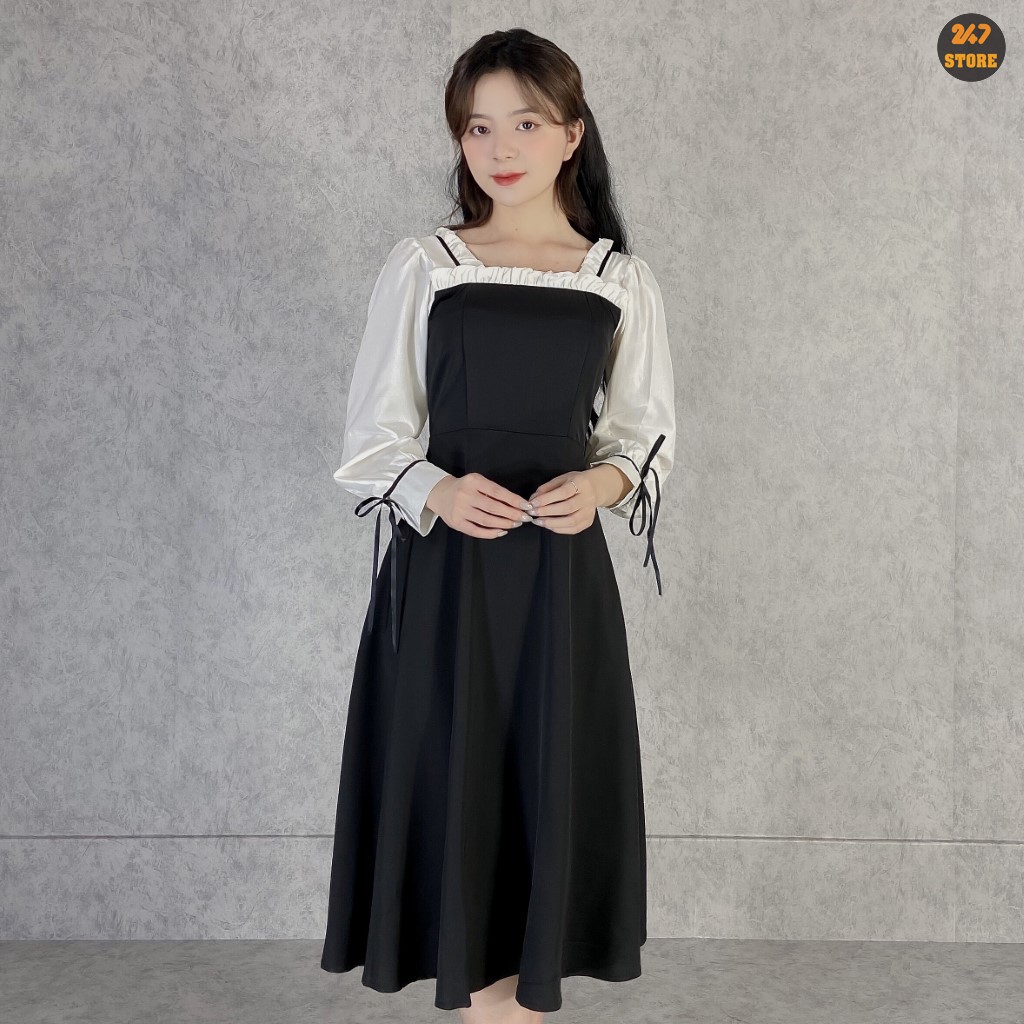 Váy công sở nữ phối nơ tay trắng viển ren 247STORE (màu đen), dáng dài, tay bồng, cổ vuông, vải trượt hàn | BigBuy360 - bigbuy360.vn