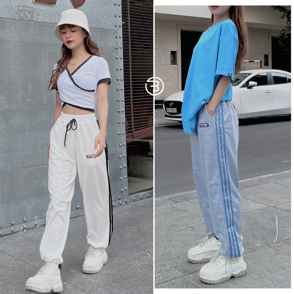 Quần Jogger Ống Rộng Suông Nam Nữ Thể Thao 3 Sọc Dây Rút Bo Gấu BOM HOUSE Ulzzang Unisex