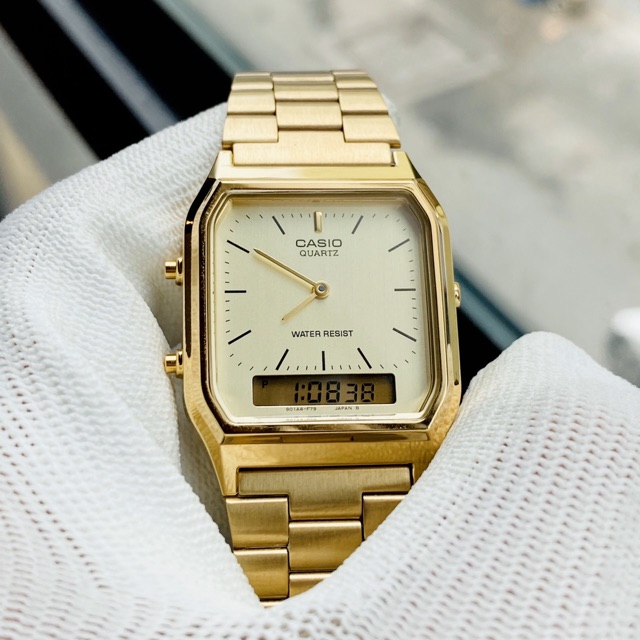 Đồng hồ kim nam dây thép Casio AQ 230 gold