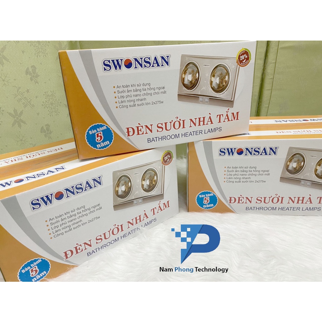 ĐÈN SƯỞI NHÀ TẮM SWONSAN 2 BÓNG SBH2-L1 - BẢO HÀNH CHÍNH HÃNG 5 NĂM