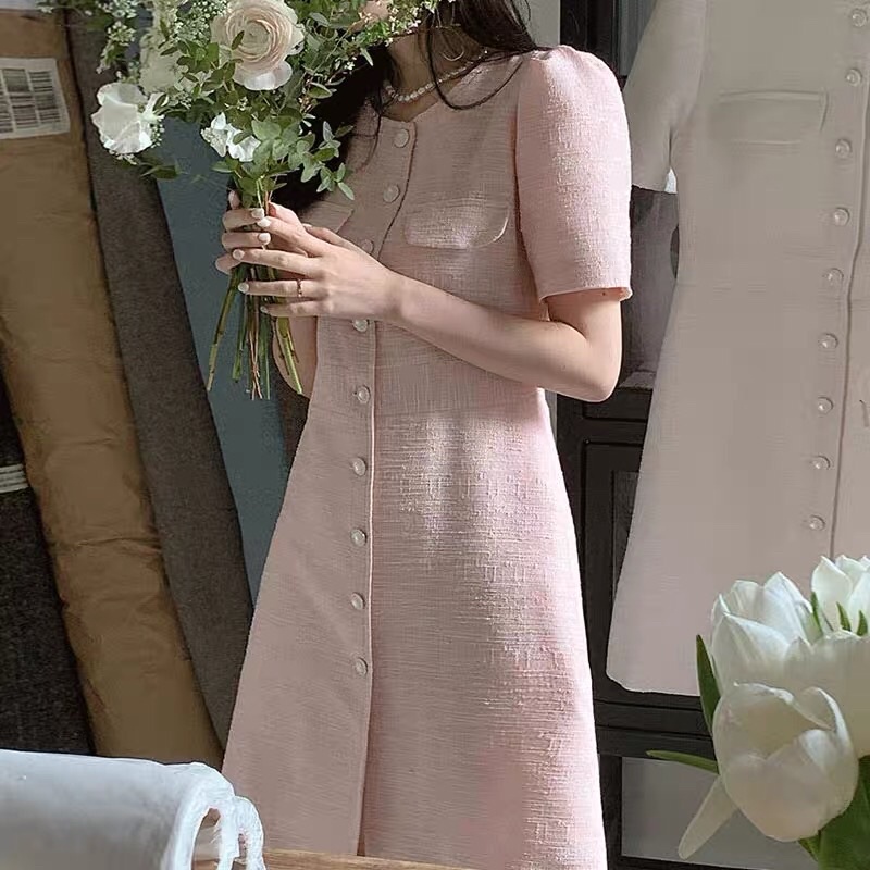 Váy dạ tweed chữ A ngắn tay cổ tròn khuy ngọc giành cho nữ