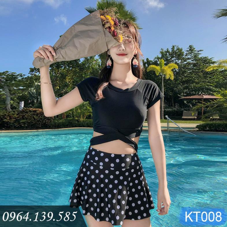 [SALE LẺ SIZE] - Bikini 2 mảnh kín đáo, áo gọng đệm nâng đẩy, quần váy chấm bi, có size to đến 65kg | KT008  ཾ