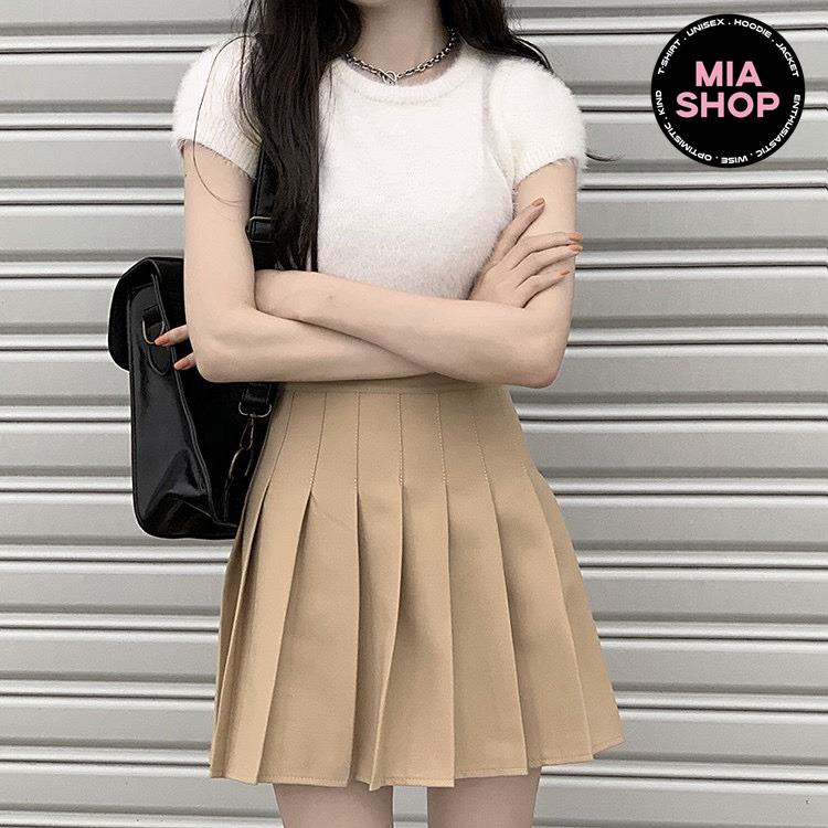 Chân váy xếp ly MIA, Chân váy tennis dáng ngắn xòe chữ A lưng cao, màu hồng kem, có bigsize