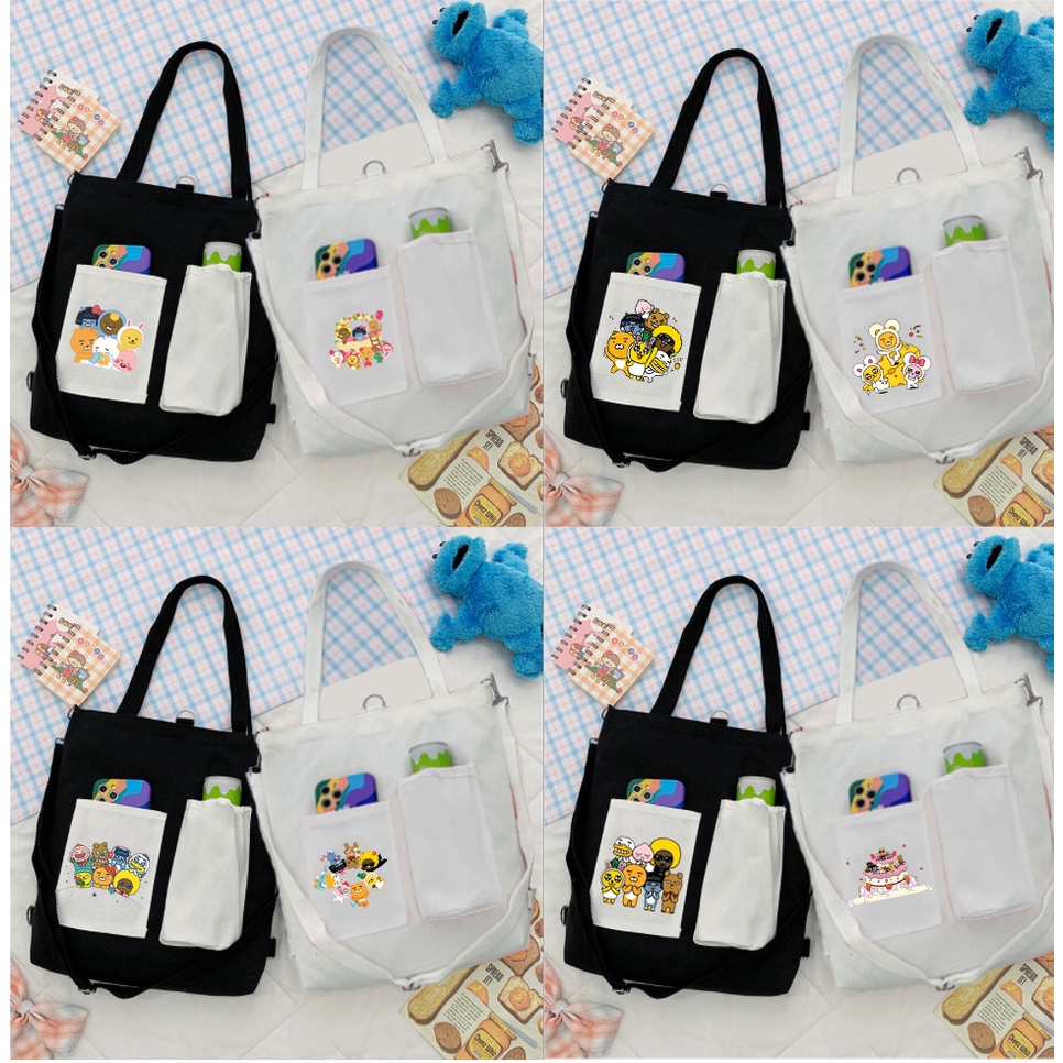 Túi Vải Tote Kiêm Balo ba anh em gấu TBL3 molang pusheen gấu brown tonton bé đào khủng long hoàng đế mèo capoo