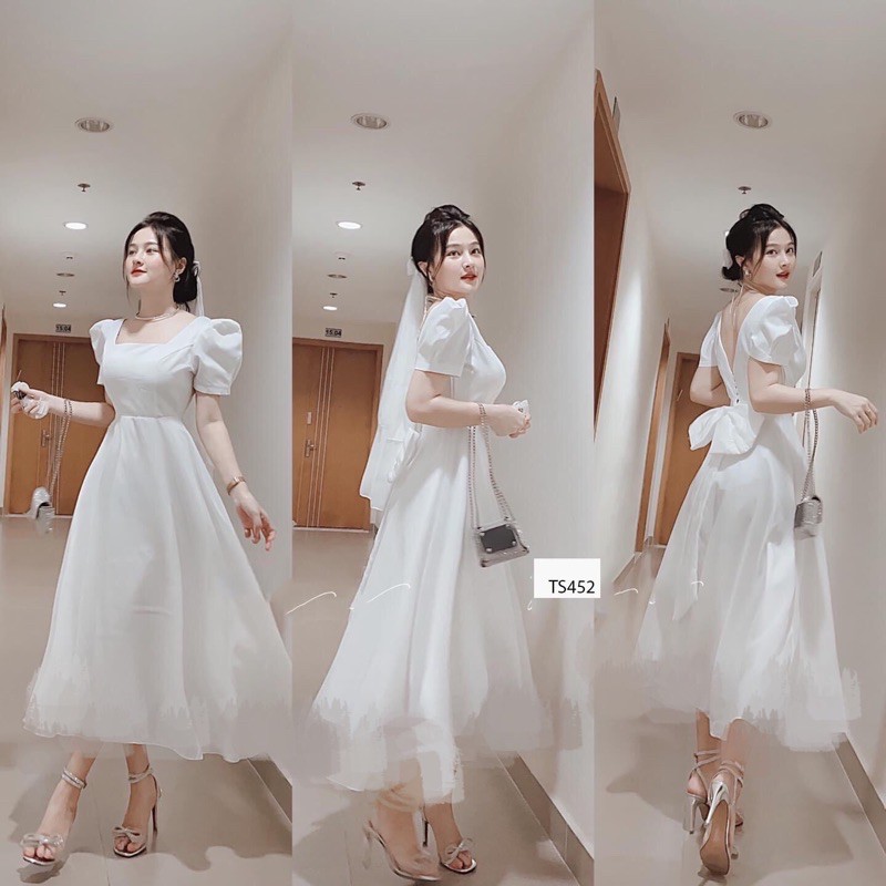Hàng loại 1 đầm dự tiệc dáng xoè nơ lưng cao cấp công chúa chụp cưới
