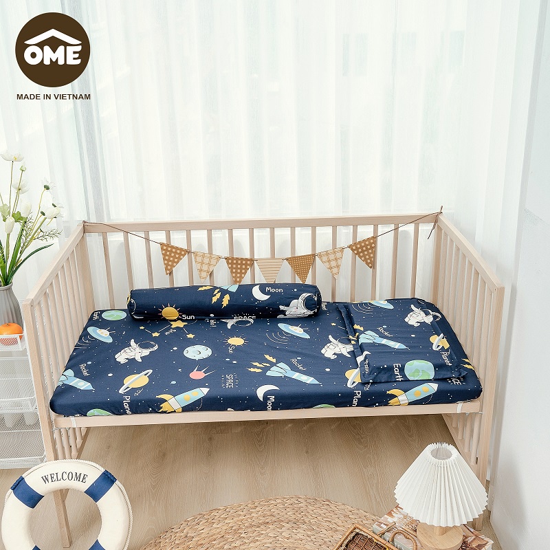 Bộ ga gối bọc đệm cũi Ôme 100% Cotton 3D Hàn Quốc phủ lụa