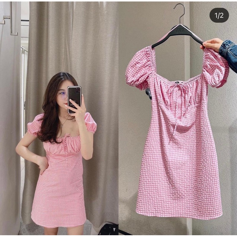 [FREESHIP - HÀNG LOẠI 1] VÁY KẺ HỒNG CỔ VUÔNG SIÊU XINH | BigBuy360 - bigbuy360.vn