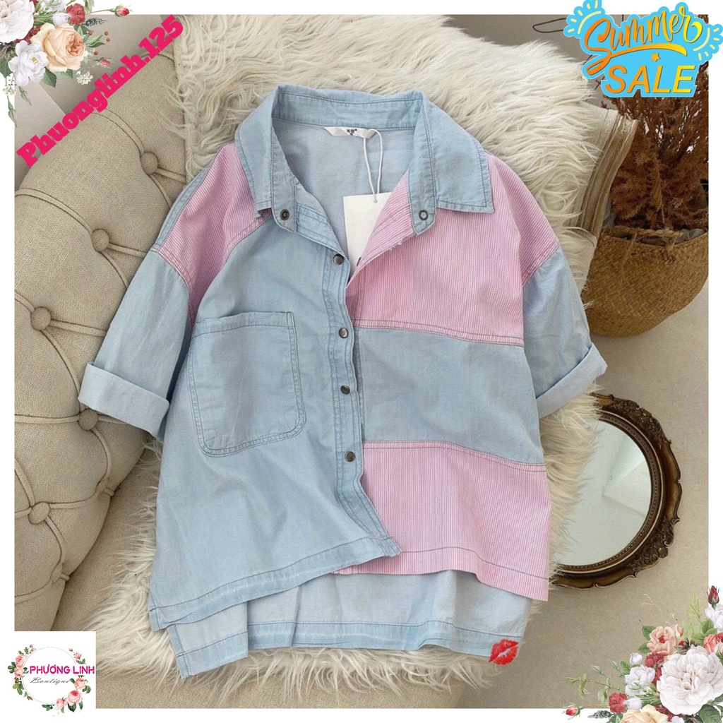 [Mã FAMARAL2 giảm 10K đơn 50K] ÁO DENIM BÒ PHỐI KẺ