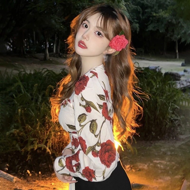 Áo Kiểu Cổ Vuông Ôm Dáng In Họa Tiết Hoa Hồng Phong Cách Hàn Quốc Thời Trang Mùa Xuân Xinh Xắn