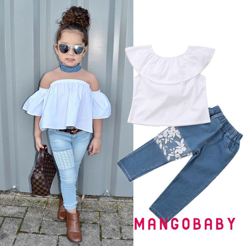 Set Áo Trễ Vai + Quần Jeans Cho Bé Gái