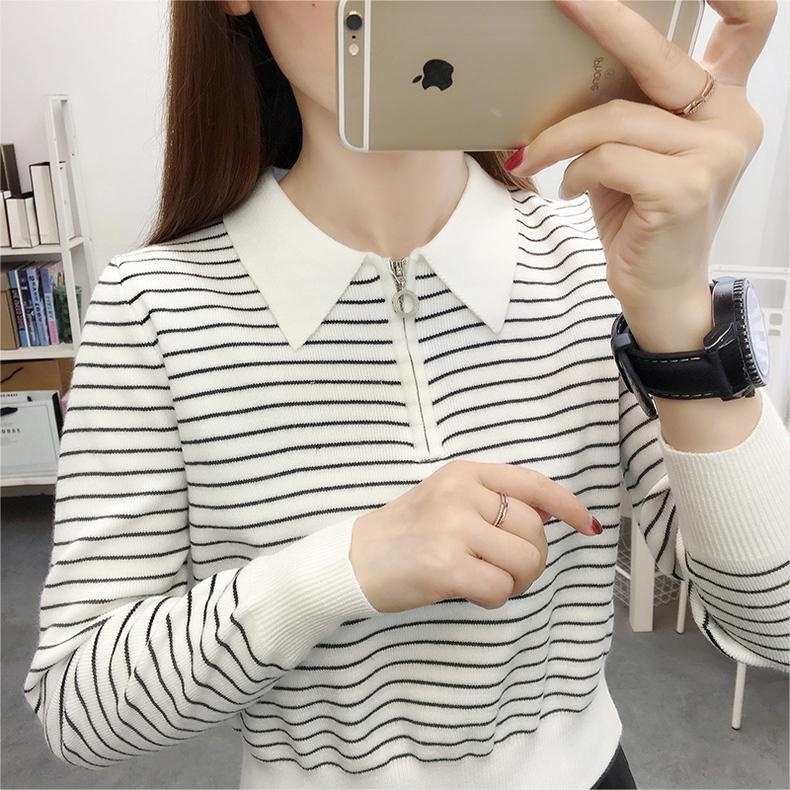 【ZHELIHANGFEI】Áo POLO Dệt Kim Tay Dài Lưng Cao Họa Tiết Kẻ Sọc Dễ Phối Đồ