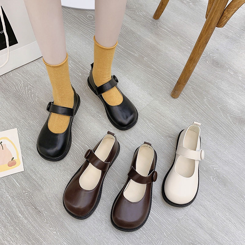 Giày búp bê nữ mũi tròn 3 màu đen, be và nâu cài quai phong cách Hàn Quốc