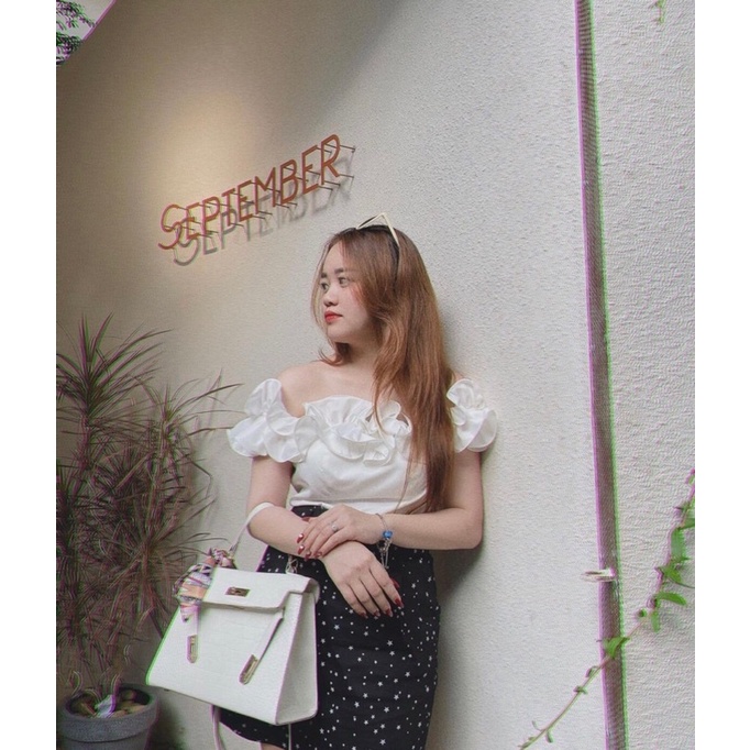 Áo croptop bẹt vai bèo tay ngắn 2 màu