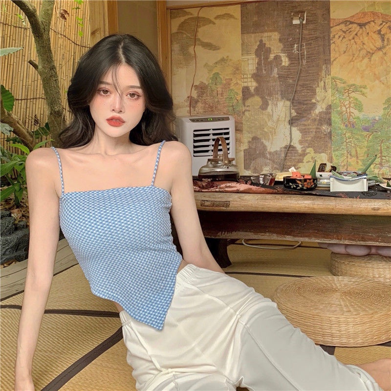Áo Croptop Hai Dây Họa Tiết Sọc Caro Phong Cách Retro Mùa Hè