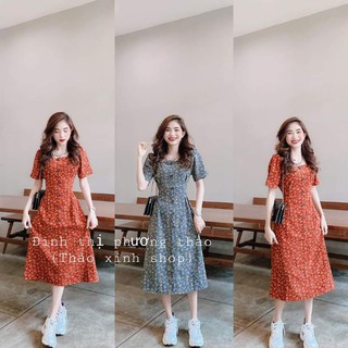 Váy hoa nhí nhung bo eo 2 màu cam đất, xanh siêu xinh