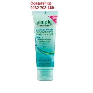 Tẩy Da Chết Simple Clear Skin Oil Balancing Facial Scrub 75ml, màu xanh dương cho da dầu (Bill mua tại Anh ảnh bên cạnh)