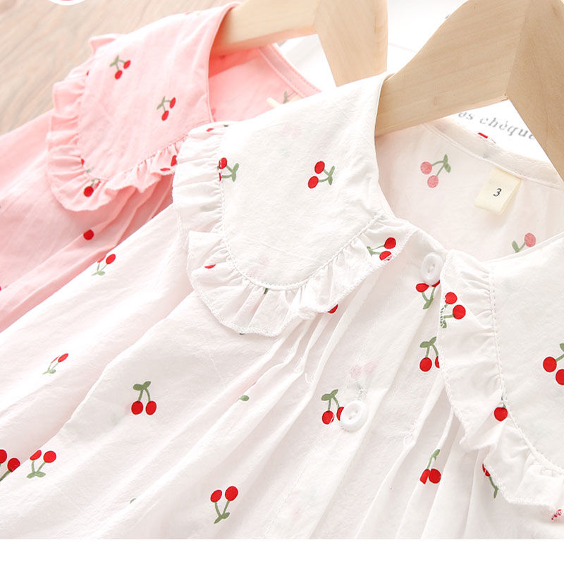 Áo Sơ Mi Cotton Cổ Búp Bê In Họa Tiết Trái Cherry Xinh Xắn Cho Bé Gái