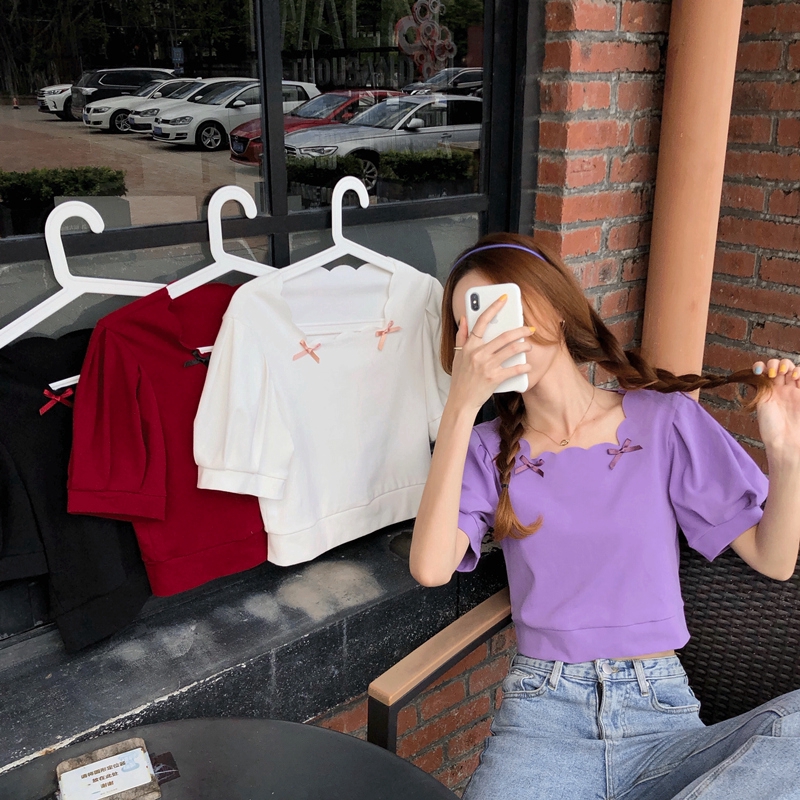 SUXI Áo Thun Ngắn Tay Phối Nơ Xinh Xắn Dành Cho Nữ