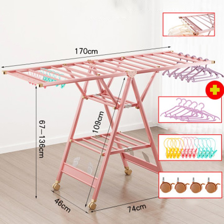 Giàn phơi quần áo thông minh 𝐅𝐑𝐄𝐄𝐒𝐇𝐈𝐏 cải tiến Bánh Xe, cây gấp gọn, giá giàn phơi có quà tặng móc treo đồ