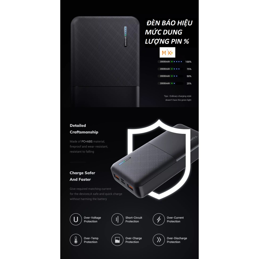 [Mã 154ELSALE2 giảm 7% đơn 300K] Pin Dự Phòng 20.000 mAh TOPK Sạc Nhanh QC 3.0