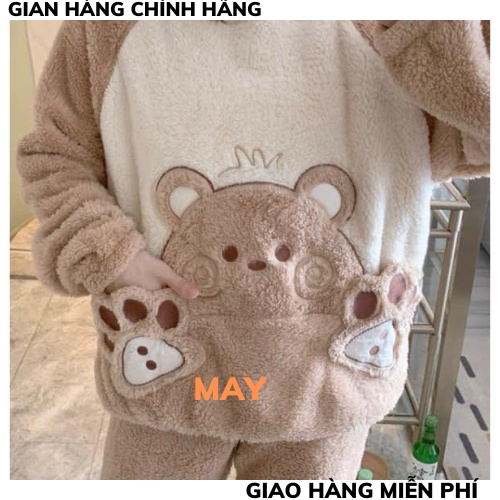 Bộ ngủ lông nữ 2 mặt mềm mại thêu gấu be sữa, sét đồ bộ thu đông mặc nhà chất lông cừu