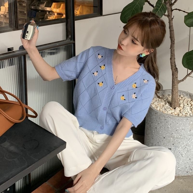 Áo Sweater Ngắn Tay Thêu Họa Tiết Thanh Lịch 185475 Áo Kiểu Cổ Chữ v Phong Cách Retro Xinh Xắn Cho Nữ