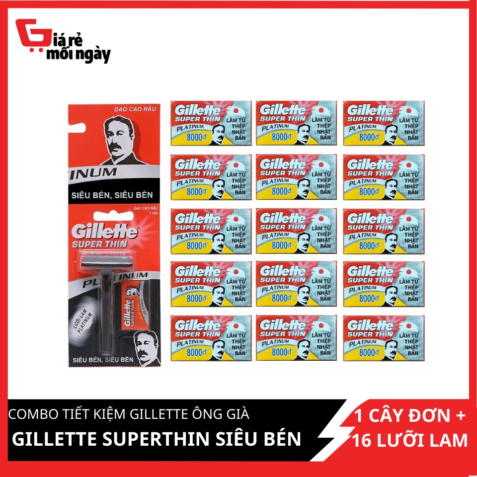 Combo tiết kiệm Gillette Cán đen ông già 1 cây đơn + 16 lưỡi lam Gillette Superthin siêu bén
