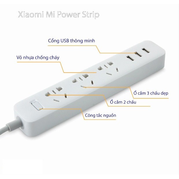 Ổ điện Xiaomi Mi Power Strip, 3 ổ cắm, 3 cổng sạc nhanh