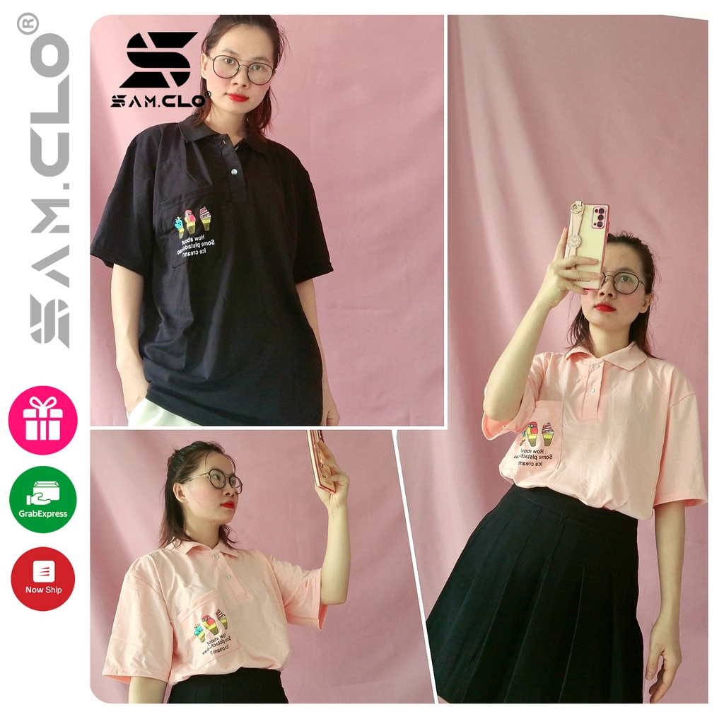 Áo thun POLO nữ tay lỡ có cổ phông form rộng freesize unisex mặc đi học, cặp, nhóm, lớp in hình CÂY KEM