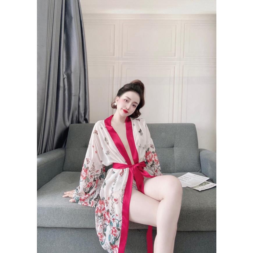 Áo Choàng Ngủ Kimono Voan Hoa , Áo Ngủ Xuyên Thấu Kèm Quần Chất Liệu Cao cấp Phong Cách Nhật Bản Mới Gợi Cảm Cho N | BigBuy360 - bigbuy360.vn