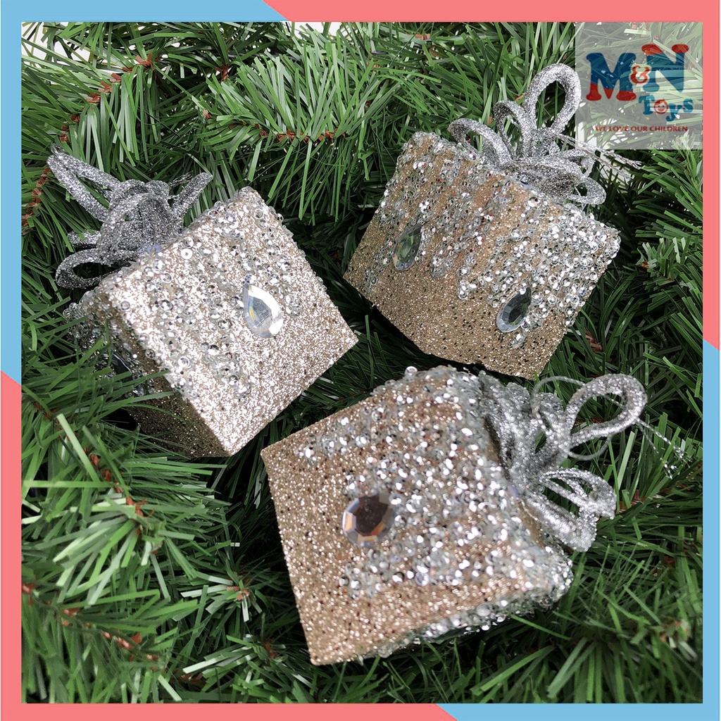Combo 3 quả châu vuông cao cấp hình hộp quà treo cây thông Noel trang trí Giáng sinh