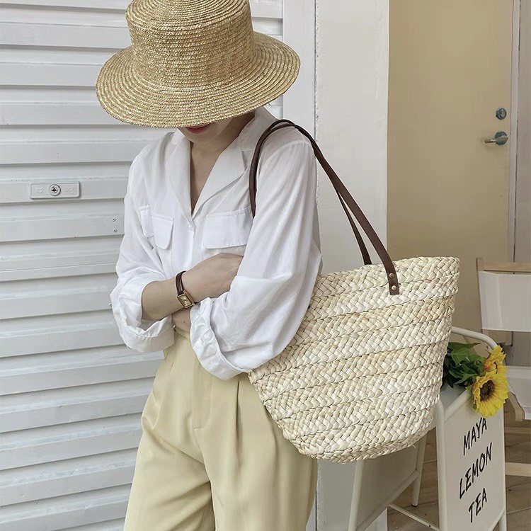 Túi Xách Cói Tote Đeo Vai Cocoqueen Cỡ Lớn Hình Thang Vintage Dây Da