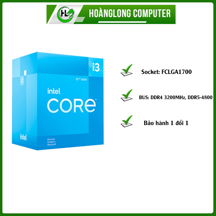 CPU Intel Core i3 12100F 3.3GHz turbo up to 4.3GHz, 4C/ 8T, 12MB Cache Full Box- Hoàng Long Computer