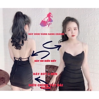 Váy đầm nữ 2 dây hở lưng dây xích vàng ôm body chất cotton màu đen mềm màu đen dự tiệc sang chảnh -VD16