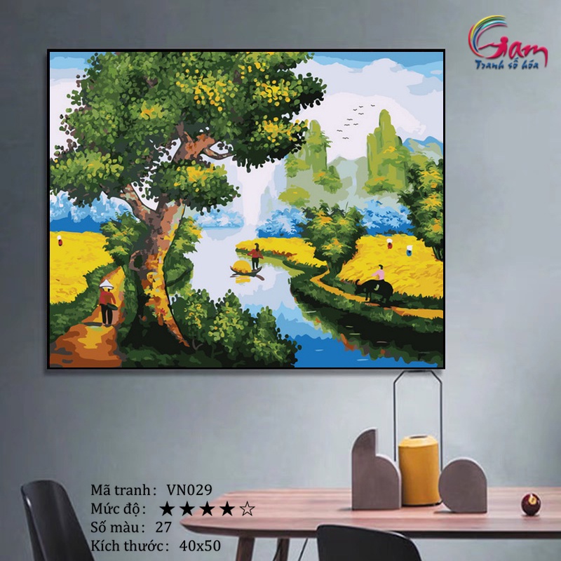 Tranh sơn dầu số hoá tự tô màu phong cảnh làng quê Việt Nam VN029 40x50cm căng khung