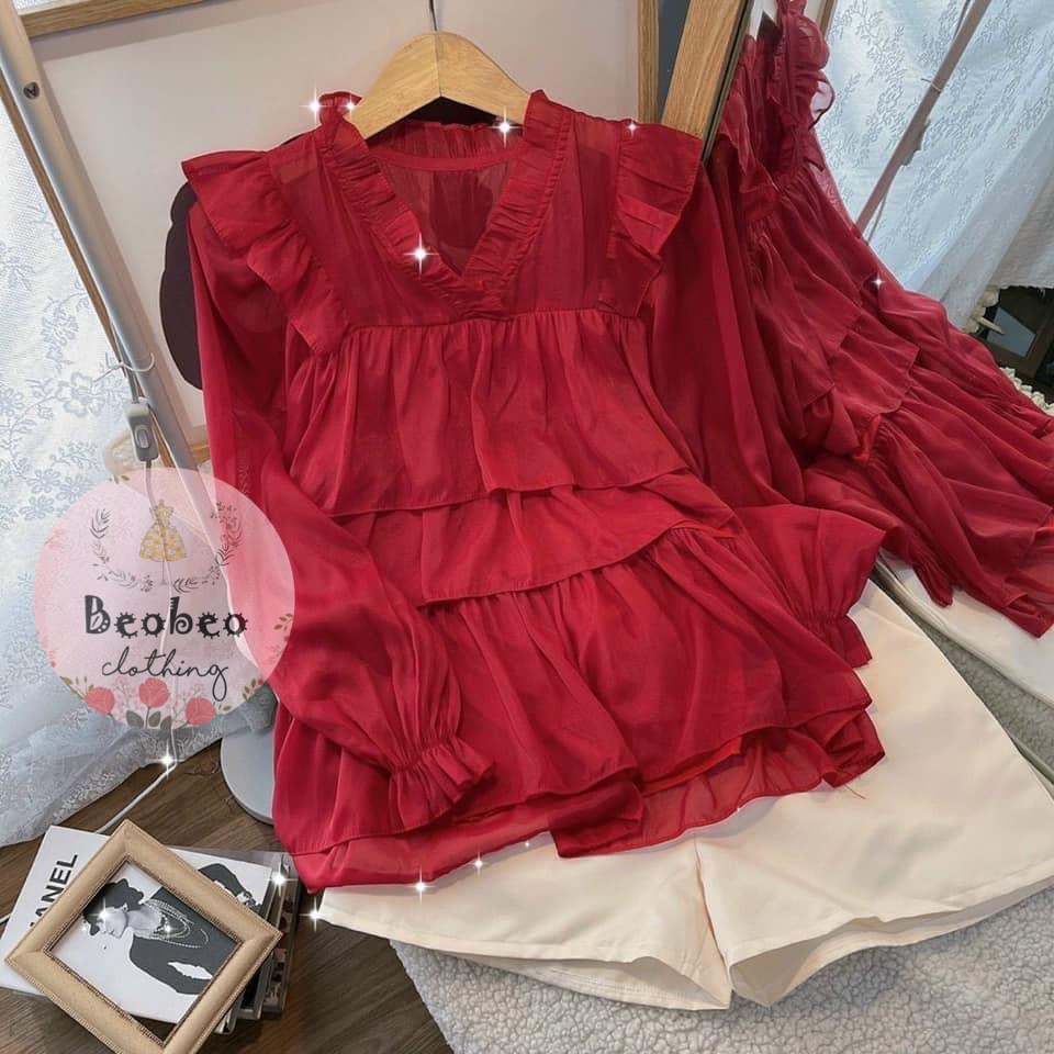 Set áo babydoll bèo tầng đỏ kèm quần short dễ thương