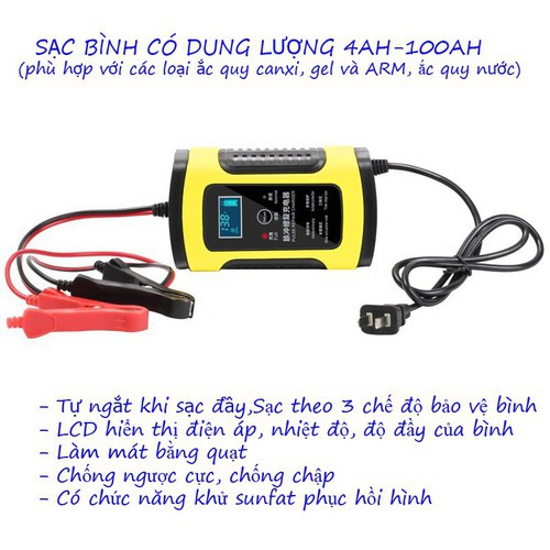 Sạc bình acquy 12V 3Ah-100Ah FOXSUR tự ngắt khi đầy chức năng bảo dưỡng phục hồi ắc quy bằng khử sunfat chống ngược cực