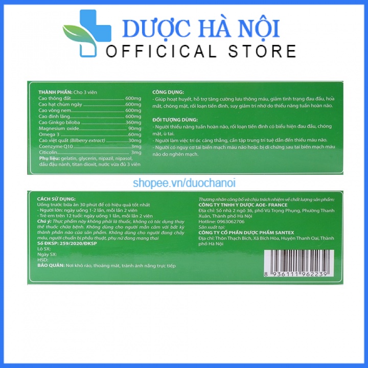 Hoạt huyết tăng cường trí nhớ An dưỡng não Ginko Biloba 360 giảm đau đầu, hoa mắt, chóng mặt – Hộp 60 viên