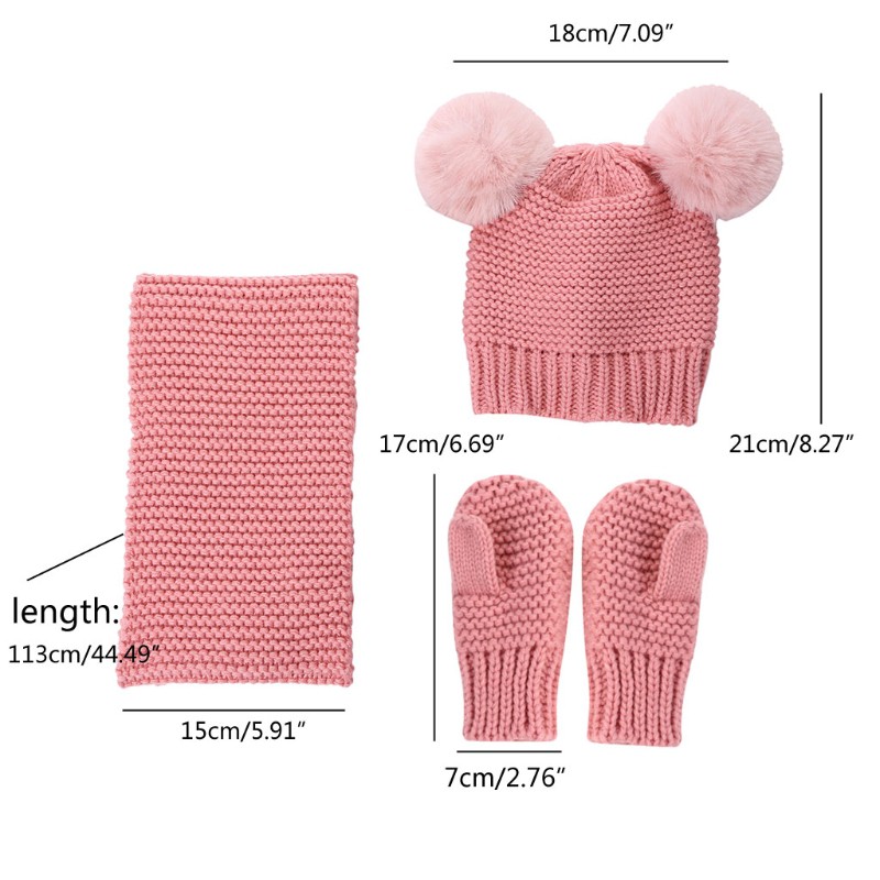 Set Mũ Len Trùm Đầu &amp; Khăn Choàng Cổ &amp; Găng Tay Đính Quả Bông Giả Cho Bé
