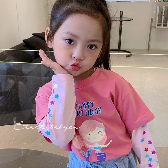 Áo thun tay dài cổ tròn in họa tiết hoạt hình dễ thương giả hai lớp dành cho trẻ em