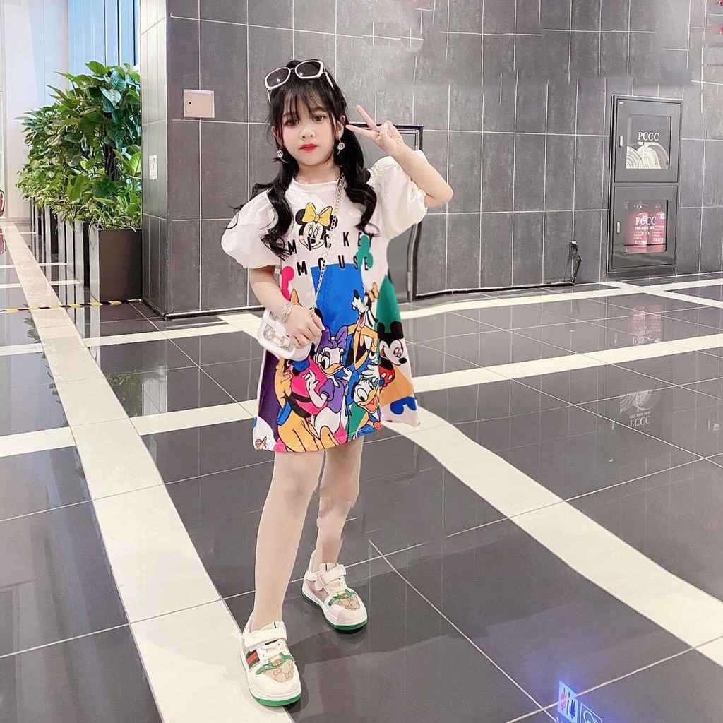 Váy bé gái dáng suông hoạt hình Mickey - Đầm babydoll tay bồng chất thun cotton size đại cho bé từ 20 - 35 kg, SUN KID'S